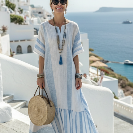 Women's Striped Maxi Beach Dress with Ruffle Hem