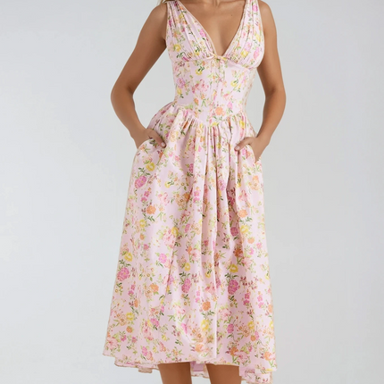 Women's Summer Wedding Guest Midi Dress with Gathered Bodice