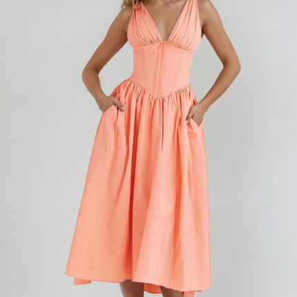 Women's Summer Wedding Guest Midi Dress with Gathered Bodice