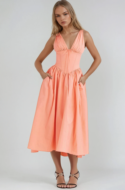 Women's Summer Wedding Guest Midi Dress with Gathered Bodice