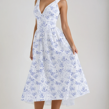 Women's Summer Wedding Guest Midi Dress with Gathered Bodice