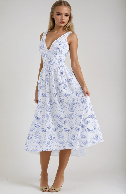 Women's Summer Wedding Guest Midi Dress with Gathered Bodice
