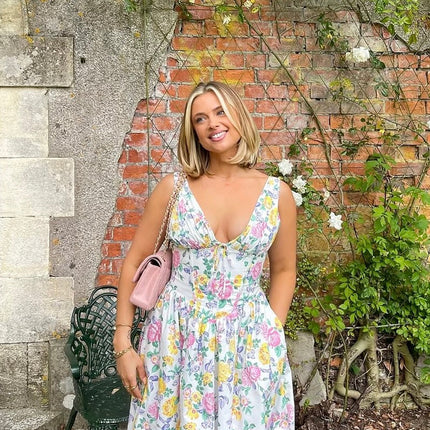 Women's Summer Wedding Guest Midi Dress with Gathered Bodice
