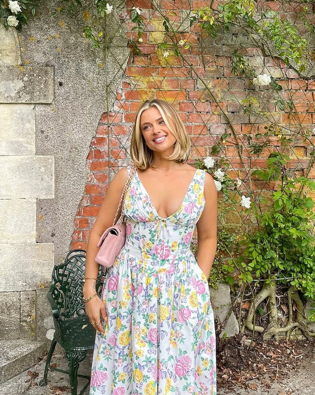 Women's Summer Wedding Guest Midi Dress with Gathered Bodice