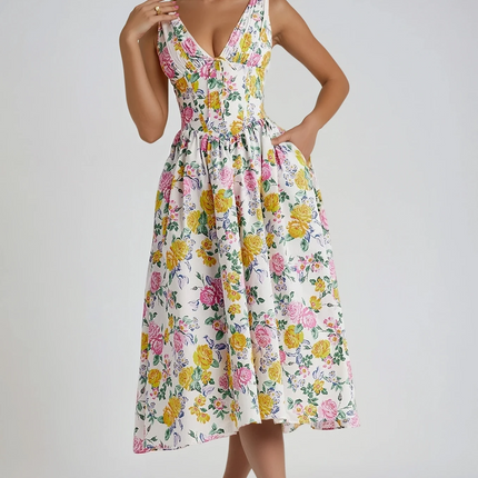 Women's Summer Wedding Guest Midi Dress with Gathered Bodice