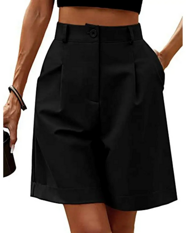Women's Tailored Shorts – High Waisted Pleated Turn-Up Style