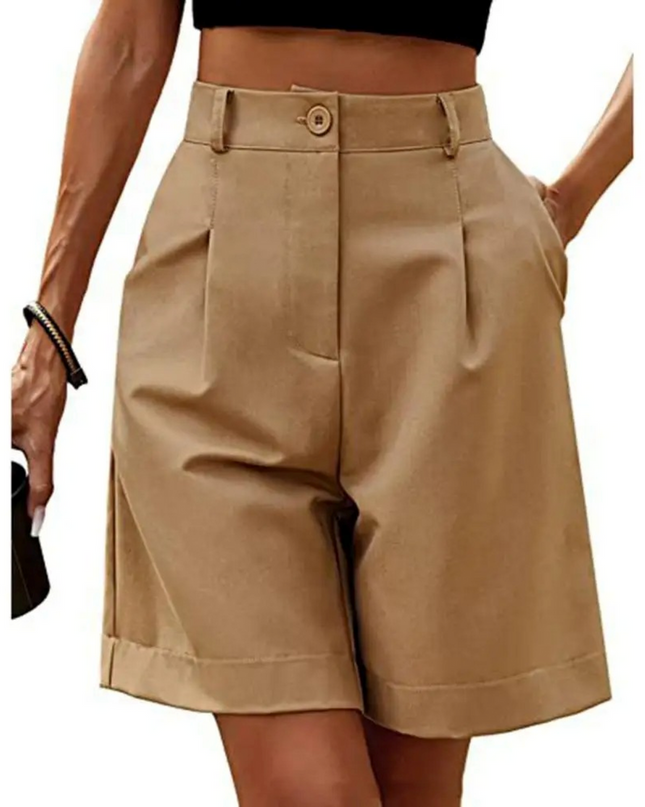 Women's Tailored Shorts – High Waisted Pleated Turn-Up Style
