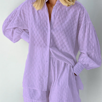 Women's Textured Summer Shorts Set Button Front Shirt