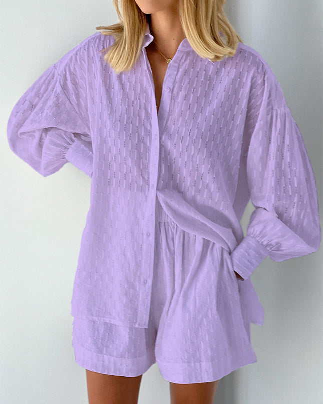 Women's Textured Summer Shorts Set Button Front Shirt