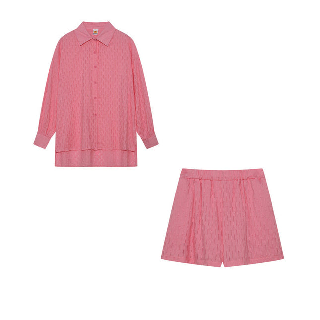 Women's Textured Summer Shorts Set Button Front Shirt