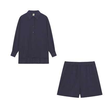 Women's Textured Summer Shorts Set Button Front Shirt