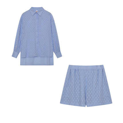Women's Textured Summer Shorts Set Button Front Shirt