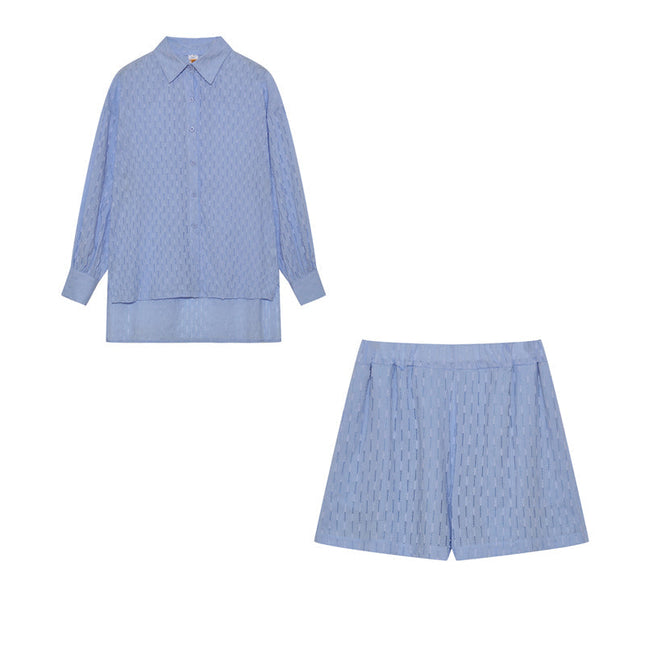 Women's Textured Summer Shorts Set Button Front Shirt