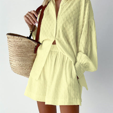 Women's Textured Summer Shorts Set Button Front Shirt