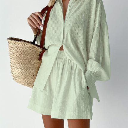 Women's Textured Summer Shorts Set Button Front Shirt