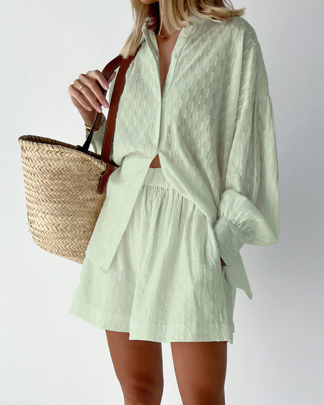 Women's Textured Summer Shorts Set Button Front Shirt