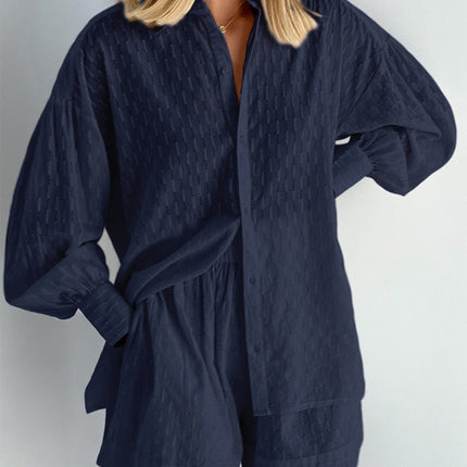 Women's Textured Summer Shorts Set Button Front Shirt