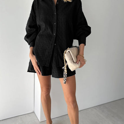 Women's Textured Summer Shorts Set Button Front Shirt