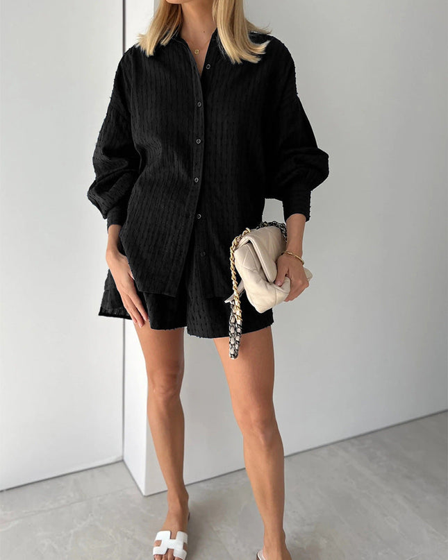Women's Textured Summer Shorts Set Button Front Shirt