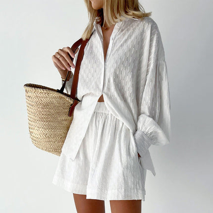 Women's Textured Summer Shorts Set Button Front Shirt