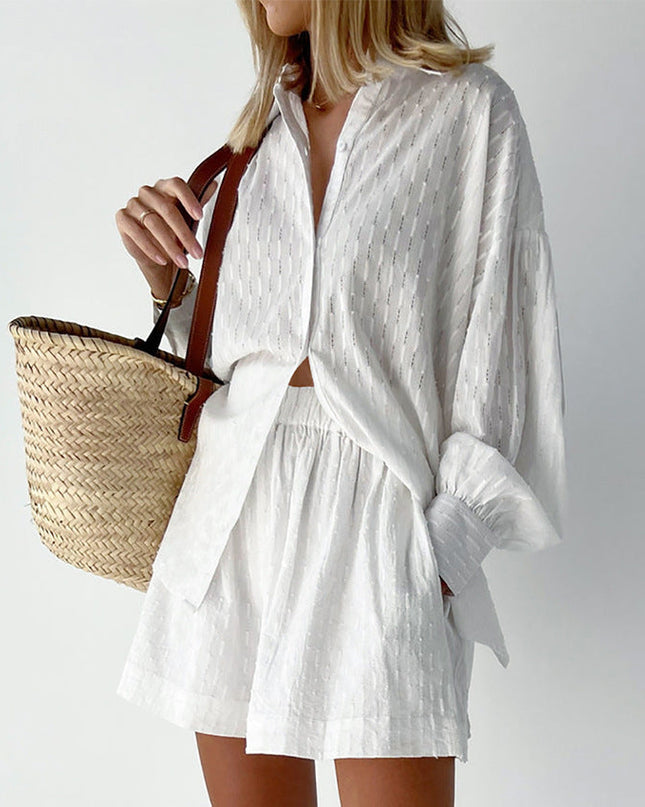 Women's Textured Summer Shorts Set Button Front Shirt