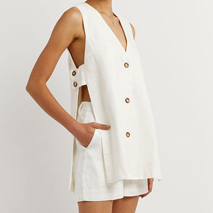 Women's Vest and Shorts Set Button Front Relaxed Fit