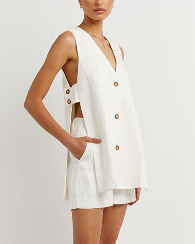 Women's Vest and Shorts Set Button Front Relaxed Fit