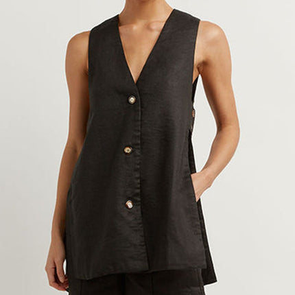 Women's Vest and Shorts Set Button Front Relaxed Fit