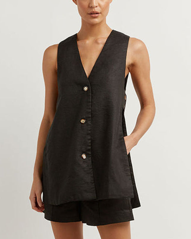 Women's Vest and Shorts Set Button Front Relaxed Fit
