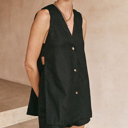 Women's Vest and Shorts Set Button Front Relaxed Fit