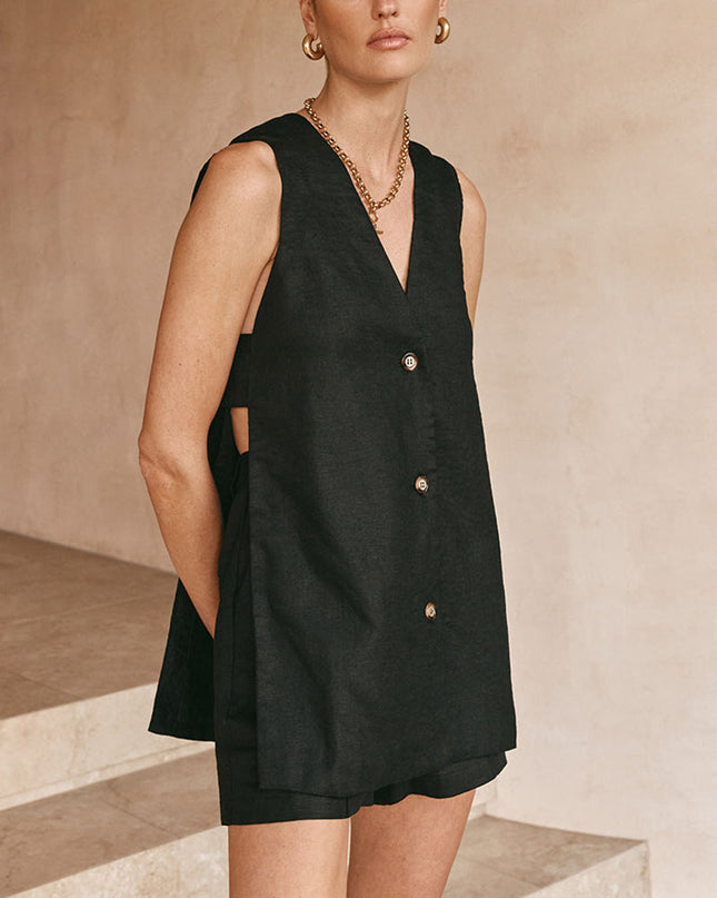 Women's Vest and Shorts Set Button Front Relaxed Fit