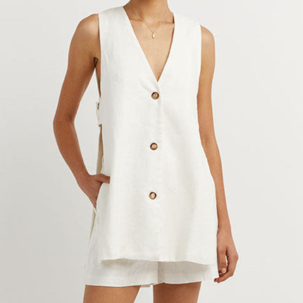 Women's Vest and Shorts Set Button Front Relaxed Fit
