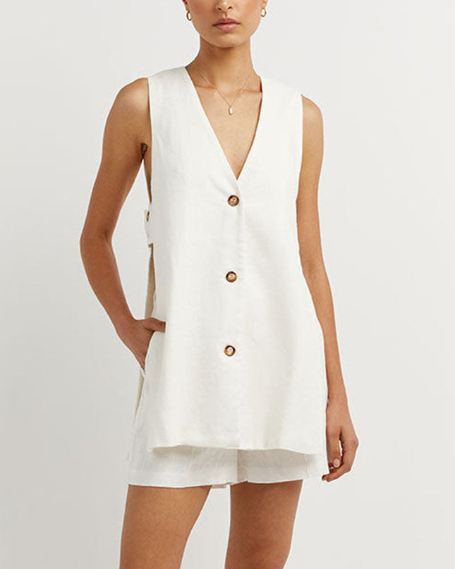 Women's Vest and Shorts Set Button Front Relaxed Fit