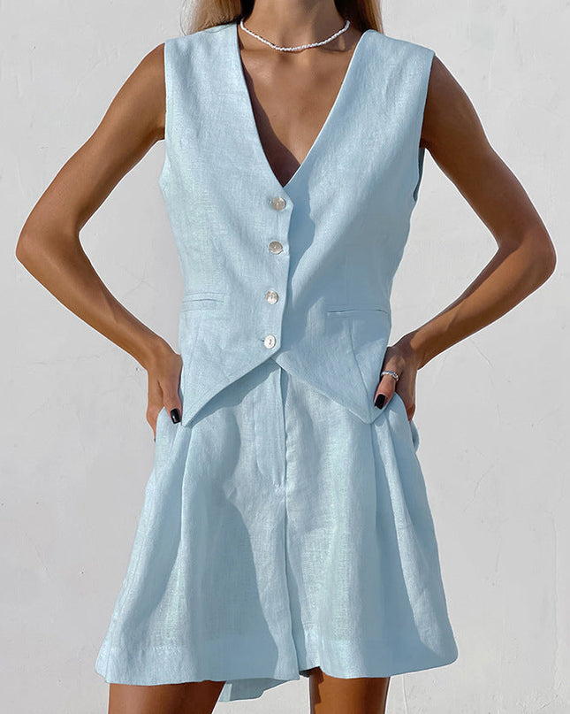 Women's Vest and Shorts Set Button Front Tailored Fit