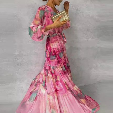 Women's Watercolor Tiered Maxi Wedding Guest Dress