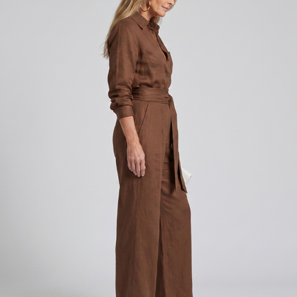 Women's Wide Leg Jumpsuit Button Front Tie Waist
