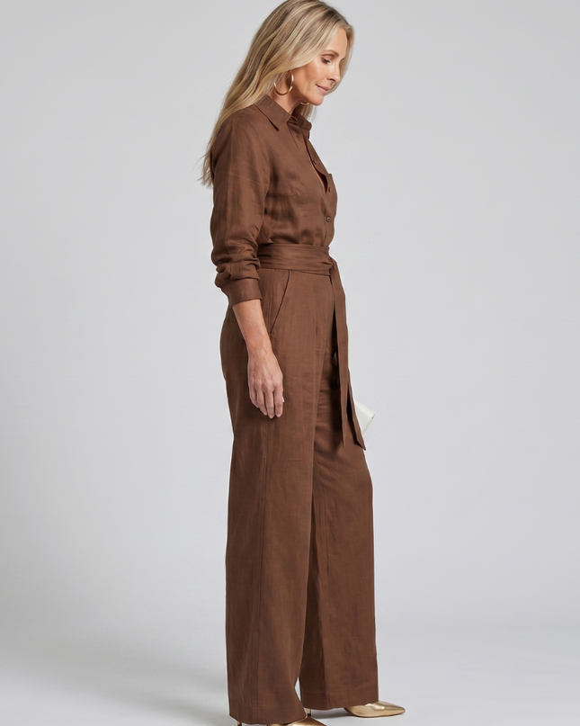Women's Wide Leg Jumpsuit Button Front Tie Waist