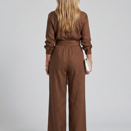 Women's Wide Leg Jumpsuit Button Front Tie Waist
