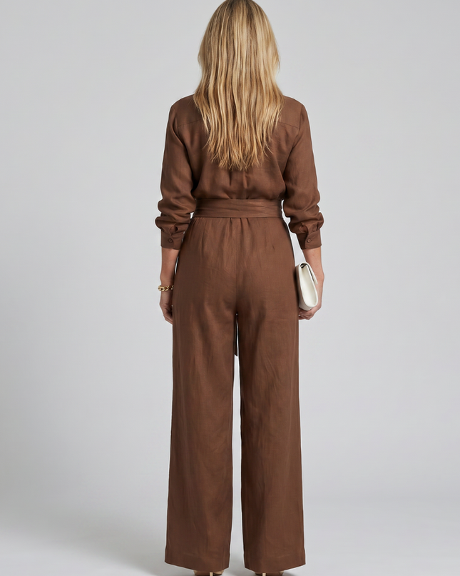 Women's Wide Leg Jumpsuit Button Front Tie Waist