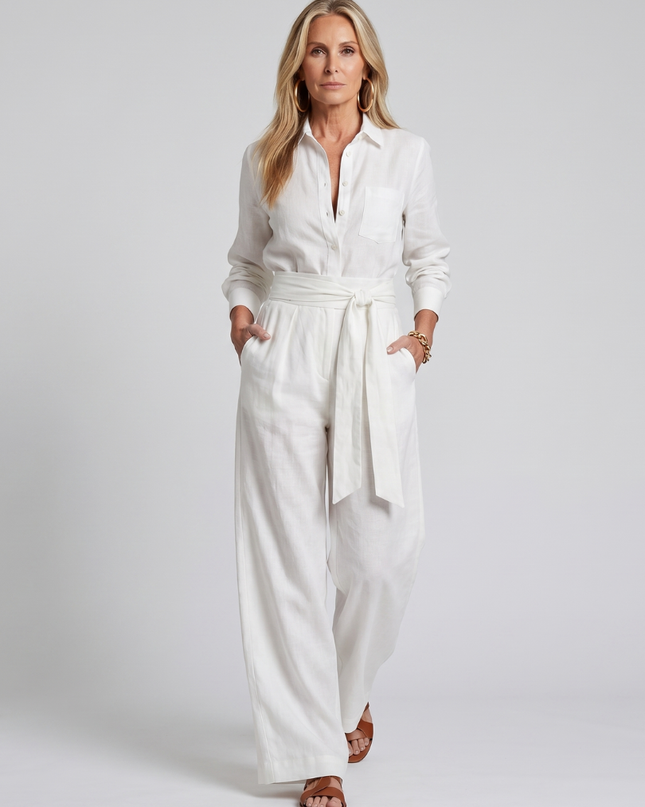 Women's Wide Leg Jumpsuit Button Front Tie Waist