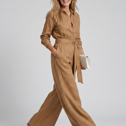 Women's Wide Leg Jumpsuit Button Front Tie Waist