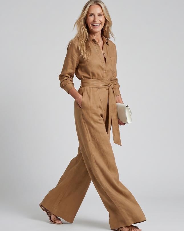 Women's Wide Leg Jumpsuit Button Front Tie Waist