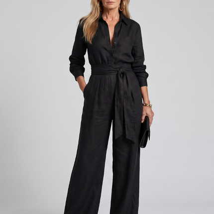 Women's Wide Leg Jumpsuit Button Front Tie Waist