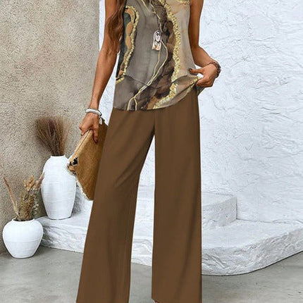 Women's Wide Leg Pants Set Abstract Print Layered Top