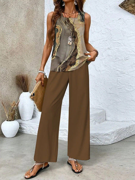 Women's Wide Leg Pants Set Abstract Print Layered Top