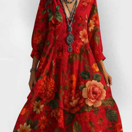 Zoe | Floral V-Neck High-Low Maxi Dress with Three-Quarter Sleeves