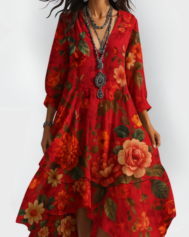 Zoe | Floral V-Neck High-Low Maxi Dress with Three-Quarter Sleeves