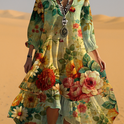 Zoe | Floral V-Neck High-Low Maxi Dress with Three-Quarter Sleeves