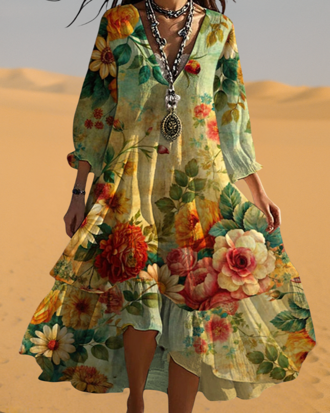 Zoe | Floral V-Neck High-Low Maxi Dress with Three-Quarter Sleeves