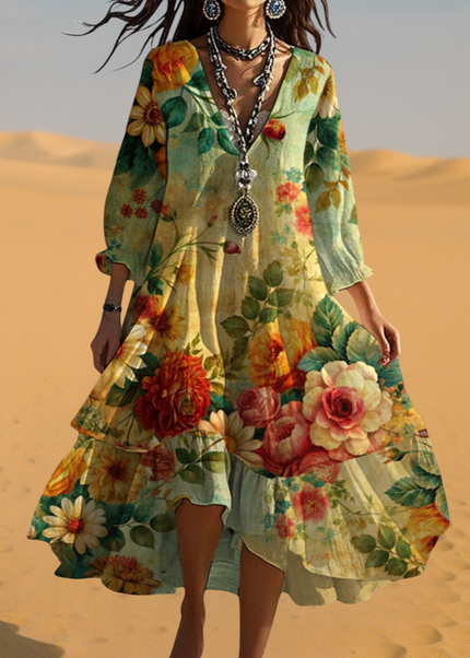 Zoe | Floral V-Neck High-Low Maxi Dress with Three-Quarter Sleeves